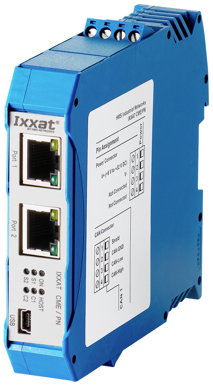 Kék elektronikai modul két Ethernet-porttal és USB-csatlakozóval, 'Ixxat' márkafelirattal, ipari hálózati csatlakozáshoz.