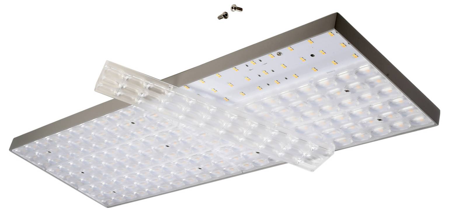 Téglalap alakú LED-es mennyezeti lámpatábla átlátszó rögzítőkerettel és két csavarral felette, fehér háttéren.
