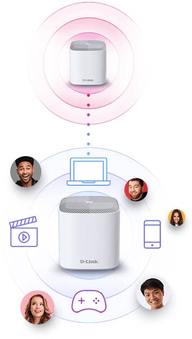 Két D-Link router összekapcsolva, kommunikációt mutatva. Felül felhasználói profilok laptoppal, mobiltelefonnal, videókkal és játék szimbólumokkal.