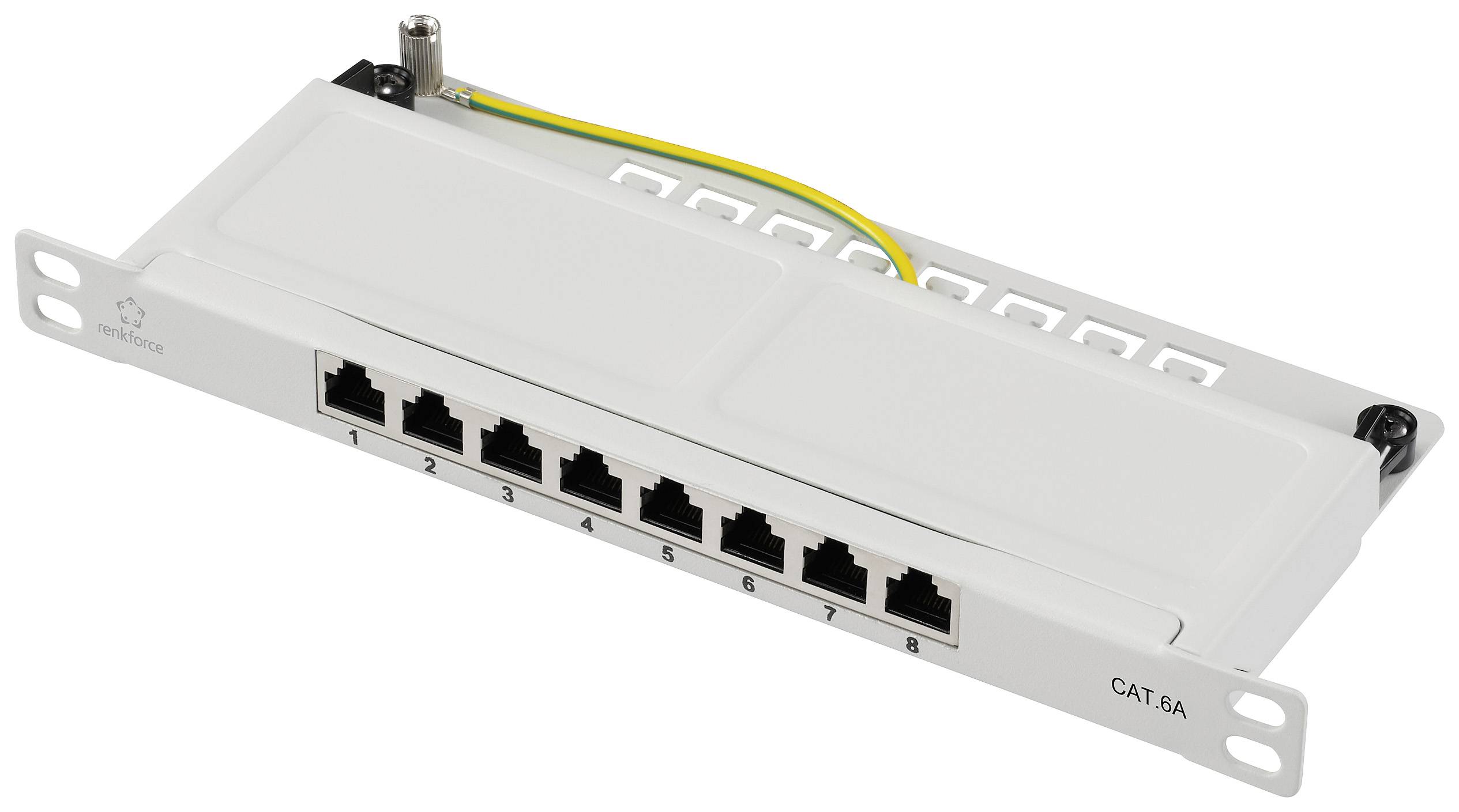 Egy nyolc Ethernet-porttal és egy földelőcsavarral rendelkező patch panel. Használatos hálózati kábelezéshez informatikai infrastruktúrákban.