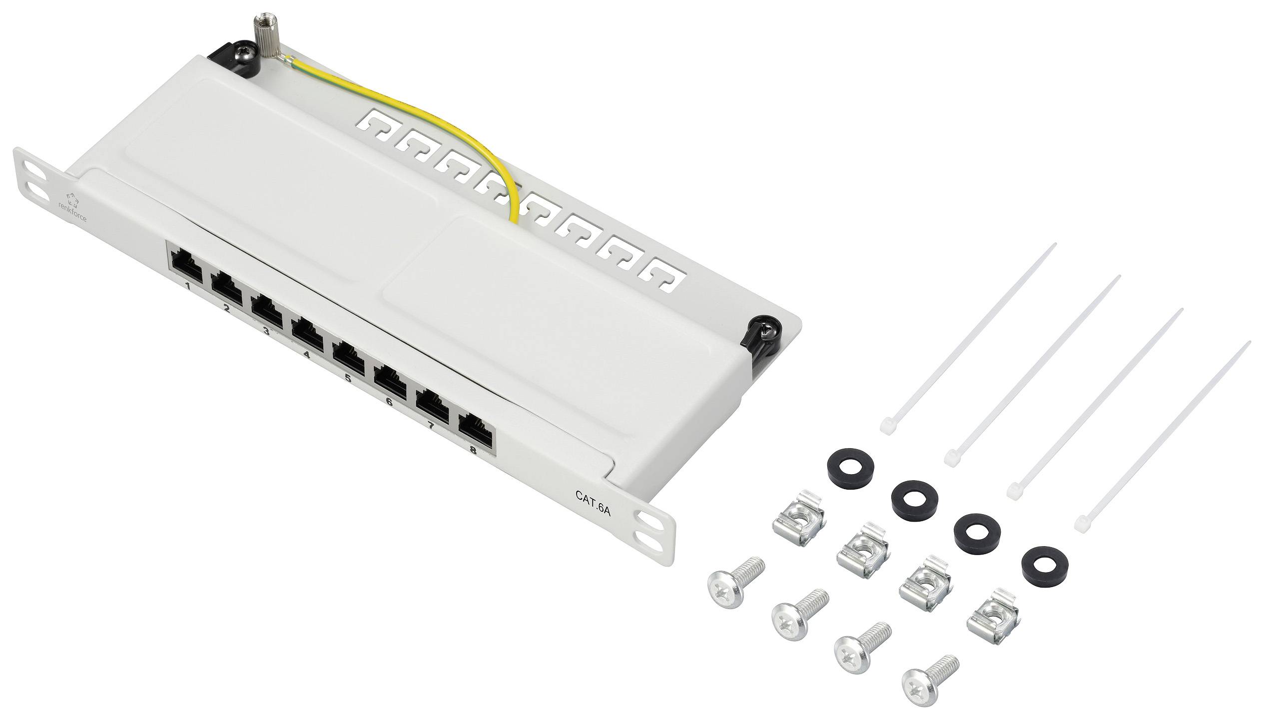 Nyolc Ethernet-porttal rendelkező patch panel, földelőkábel és szerelőkészlet csavarokkal, alátétekkel, anyákkal és kábelkötegelőkkel.