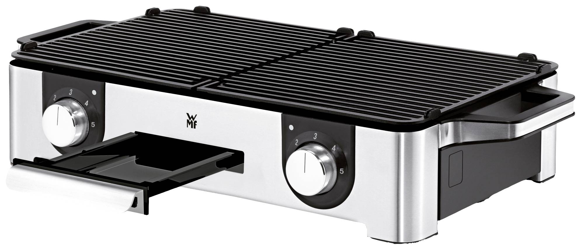 Egy elektromos asztali grill két szabályzóval és kihúzható tálcával, alkalmas hús, zöldség vagy hal grillezésére.