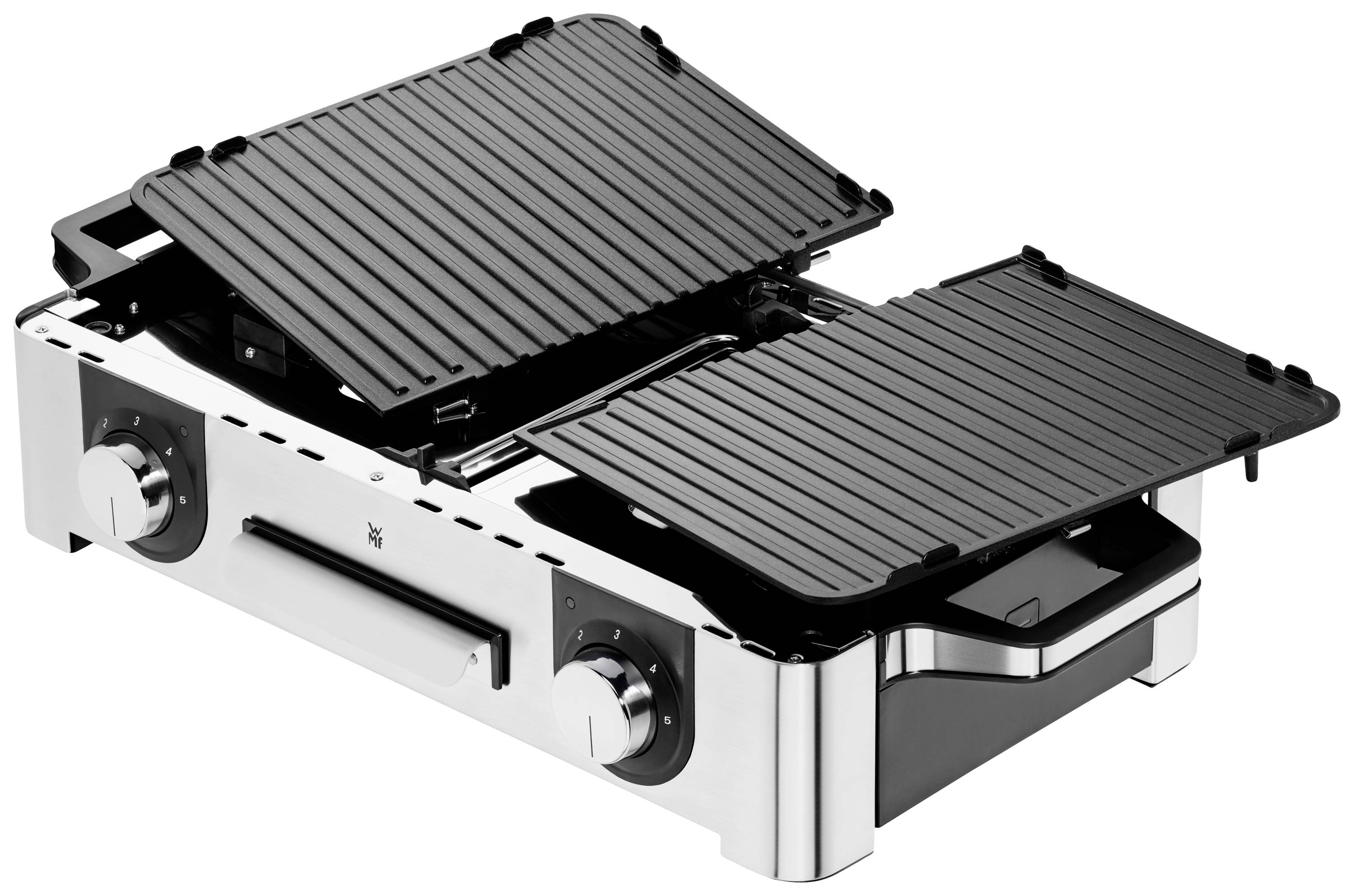 Egy nyitott, modern kontaktgrill két bordázott grillfelülettel, alkalmas sokféle étel elkészítésére.