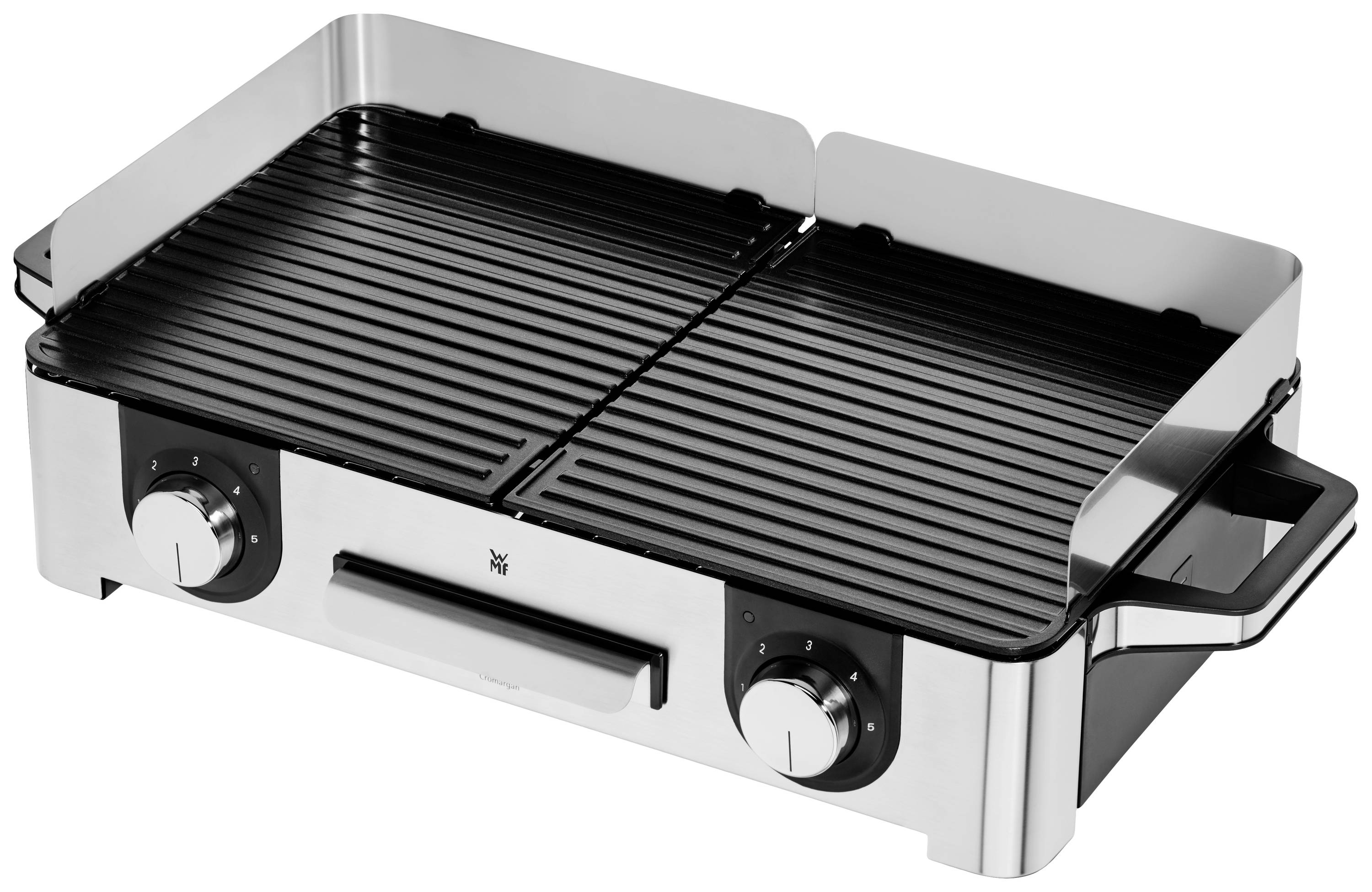Egy rozsdamentes acélból készült asztali grill két fekete grillfelülettel és forgókapcsolókkal. Kiváló választás hús és zöldségek grillezéséhez.