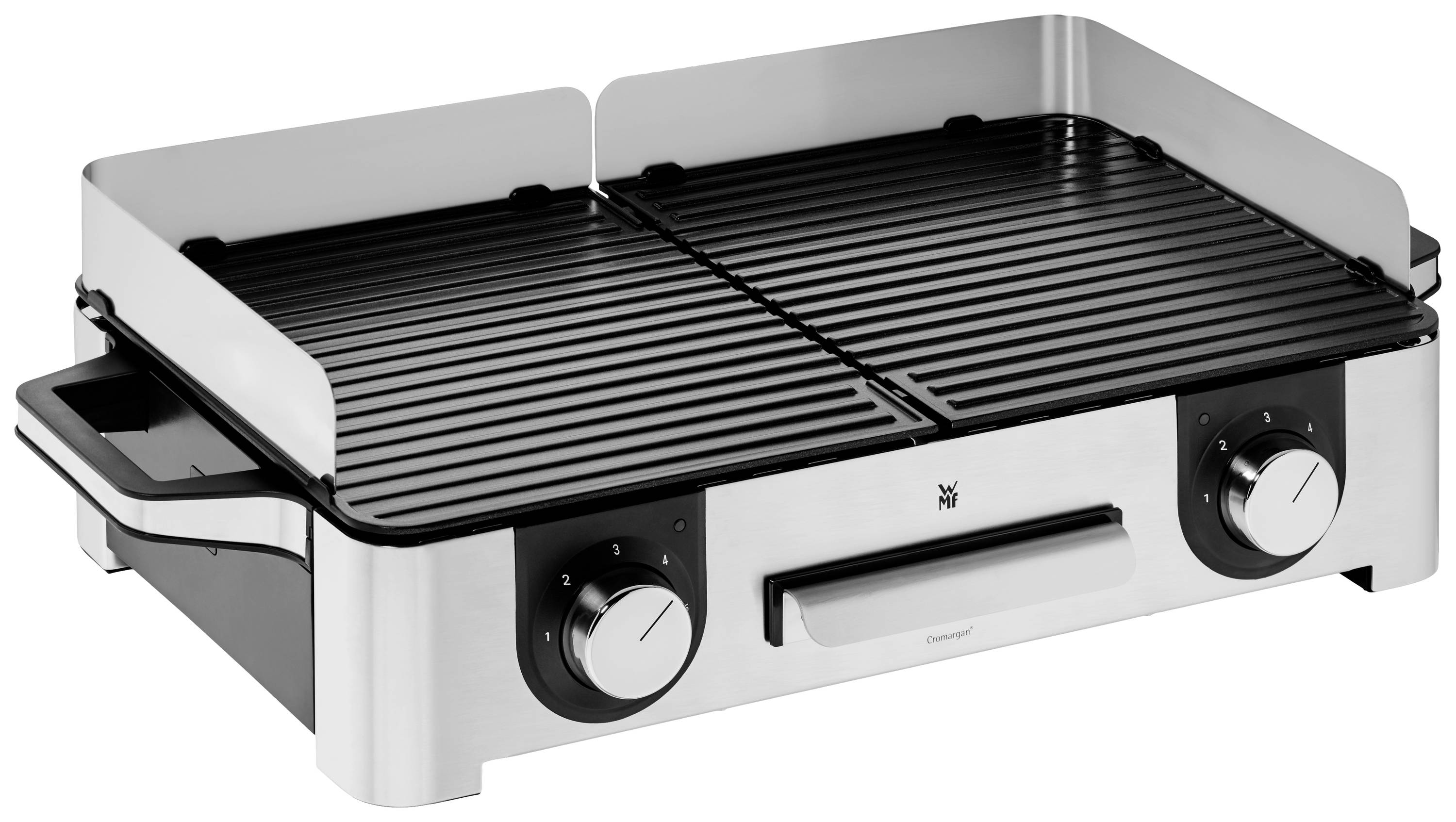 Elektromos asztali grill rozsdamentes acél házban, két forgókapcsolóval. Alkalmas hús és zöldségek grillezésére.