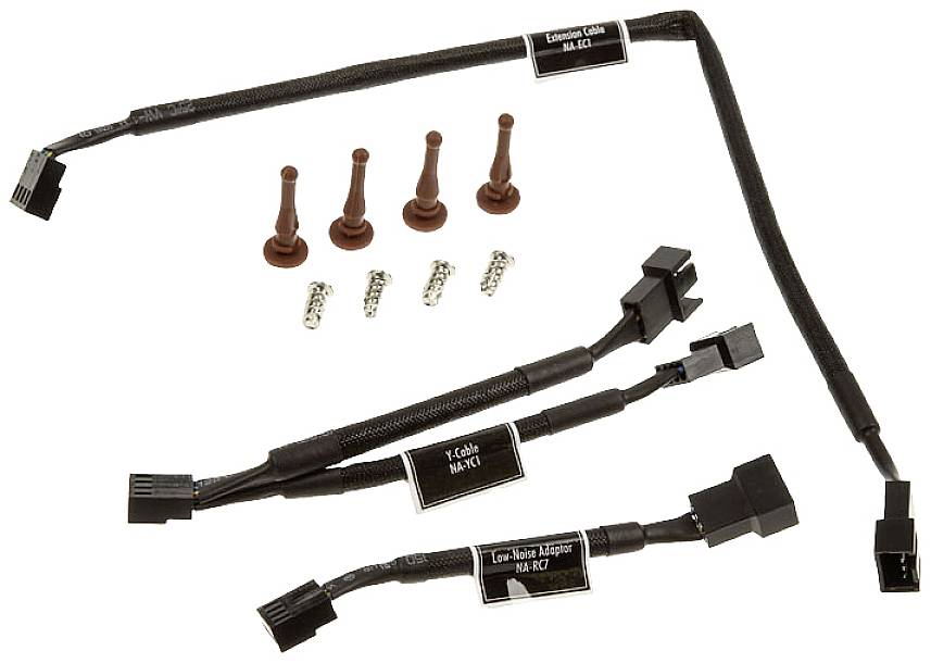 Kábel szett, amelynek része 3 fekete hosszabbító kábel különböző hosszúságokban, 4 gumi rezgéscsillapító és csavarok számítógép ventilátor szereléséhez.