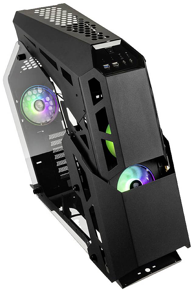 Egy fekete, futurisztikus számítógépház látható, megvilágított ventilátorокkal és nyitott oldalakkal, amelyek lehetővé teszik a belső szerkezet megtekintését.