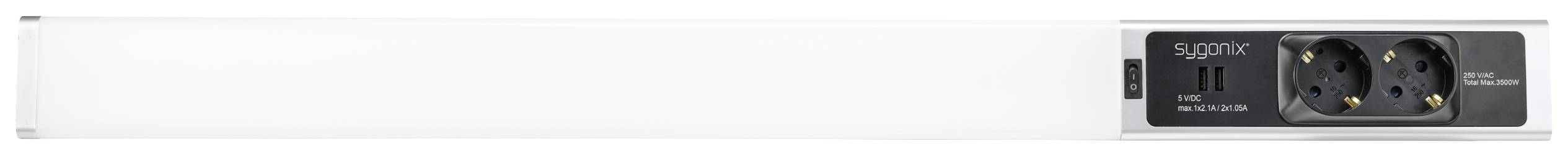 Egy fehér elosztó három hálózati aljzattal és egy USB-csatlakozóval a jobb oldalán. Tökéletes irodai környezetekhez.