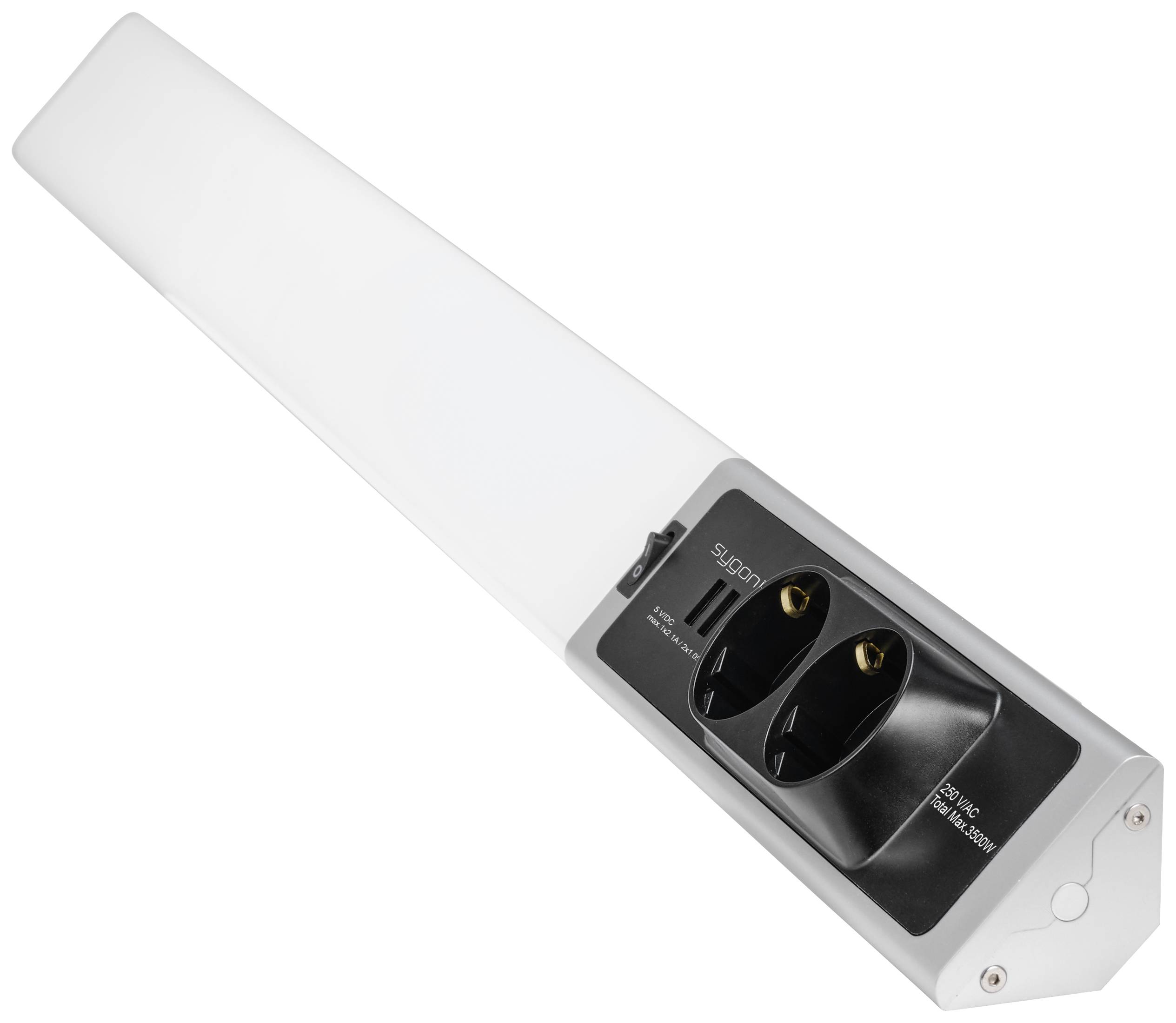 Fehér asztali elosztó két fekete csatlakozóaljzattal, fém ferde felületre szerelve.