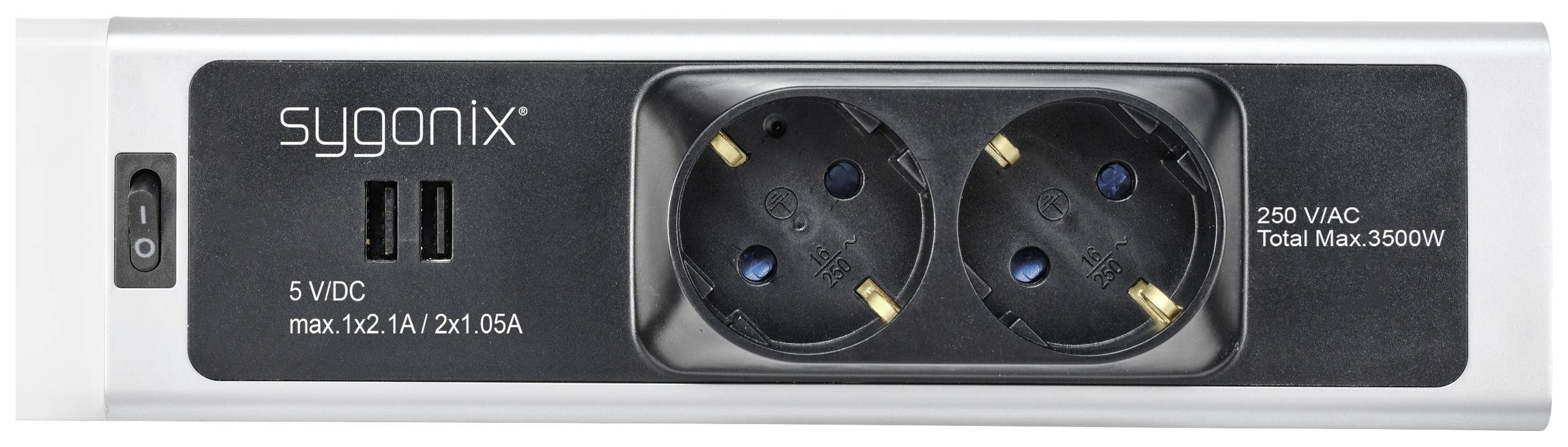 Kétutas elosztó két hálózati aljzattal, két USB-csatlakozóval és kapcsolóval. A 'sygonix' márkanév bal felül látható. Maximális teljesítmény 3500W.
