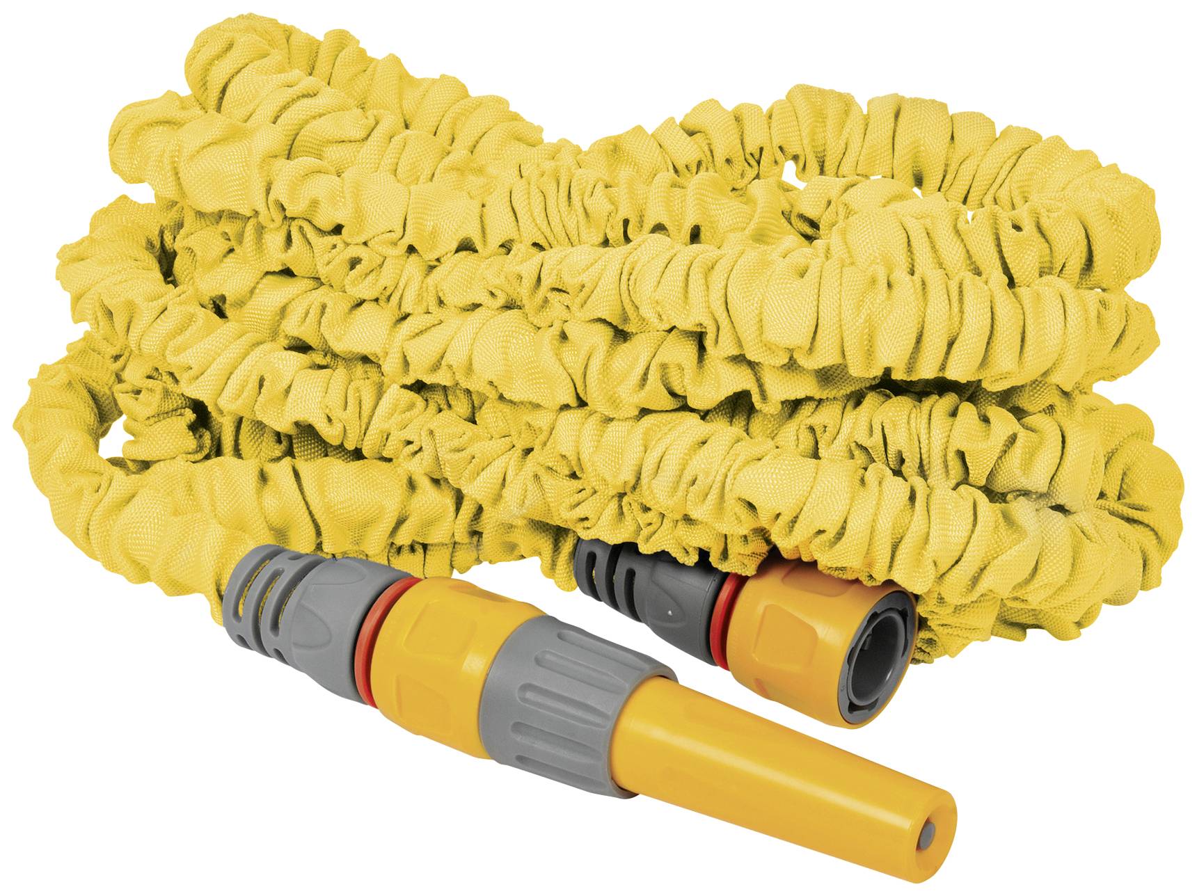 Sárga, rugalmas kerti tömlő szürke és narancssárga csatlakozókkal, kompakt módon feltekercselve.