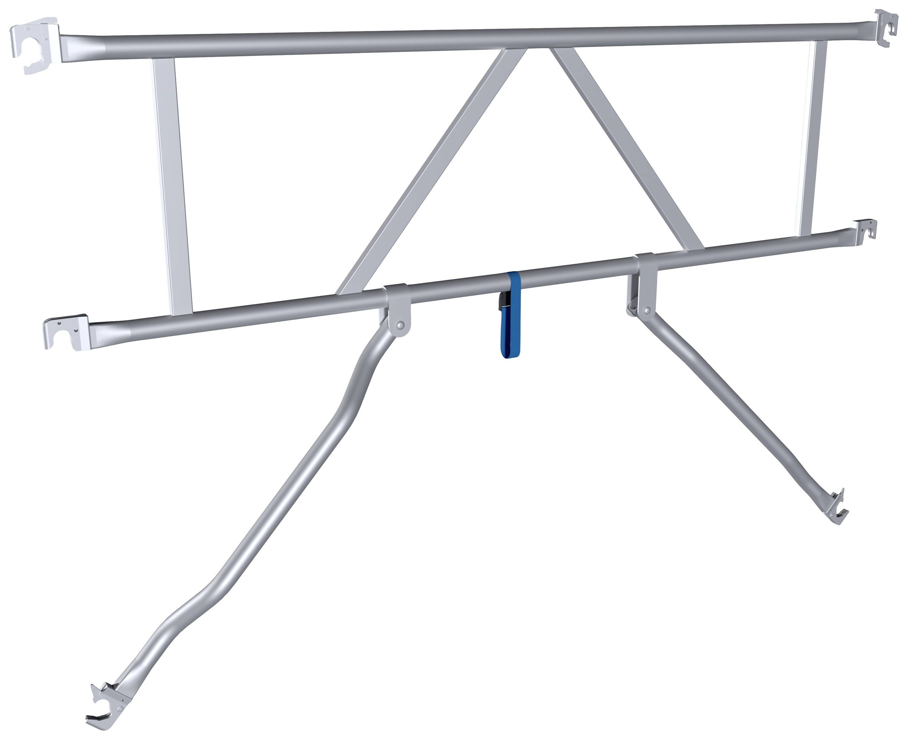 Szabadon álló fémállvány kék tartóelemmel, valószínűleg egyállványzat vagy rögzítési szerkezet része.