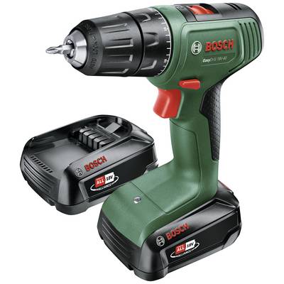 Bosch EasyDrill 18V-40 akkumulátoros csavarozó 18V-os akkumulátorral és töltővel. Zöld fúrógép fekete fogantyúval és piros részletekkel.