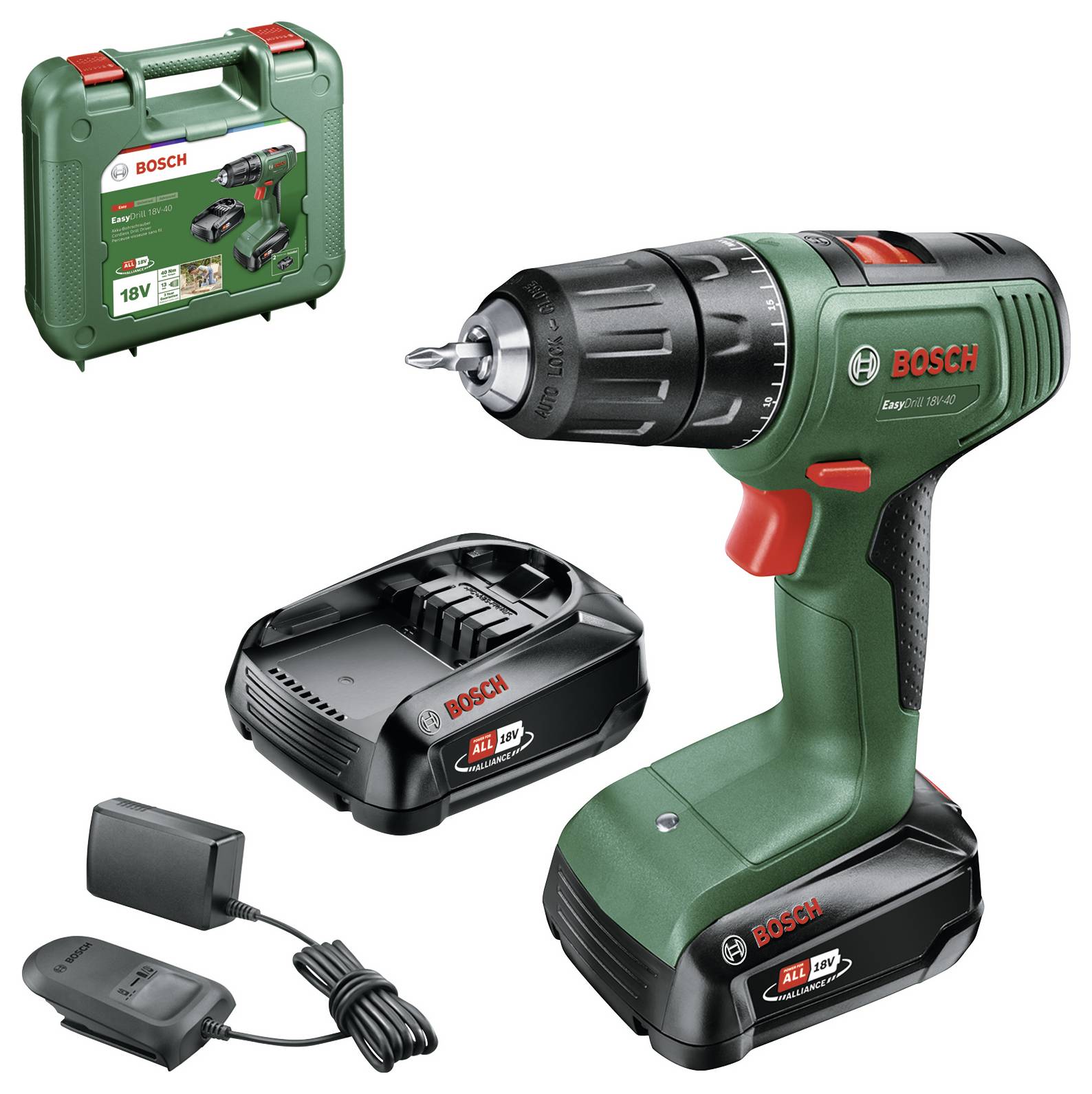 Bosch akkumulátoros fúró-csavarozó szett töltővel, akkumulátorral és szállítótáskával. Zöld színű készlet, tökéletes házi barkácsmunkákhoz.