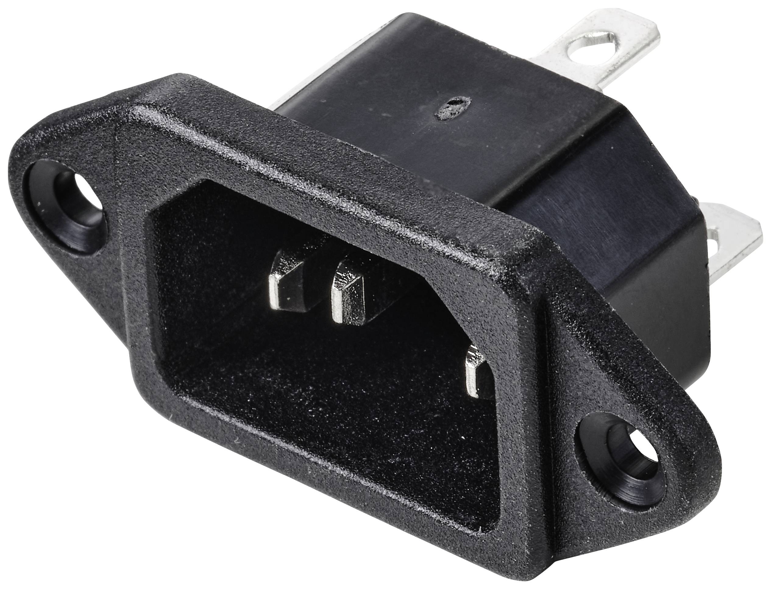 Egy fekete IEC-hálózati csatlakozó két csavarlyukkal felül és alul, elektronikai eszközök áramellátásához alkalmas.