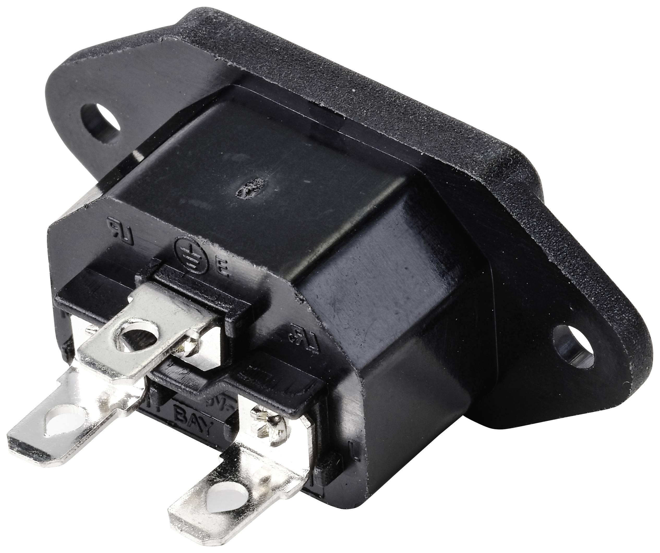 Egy fekete elektromos hidegkészülék-csatlakozó két fémérintkezővel és csavaros hálózati kimenettel.