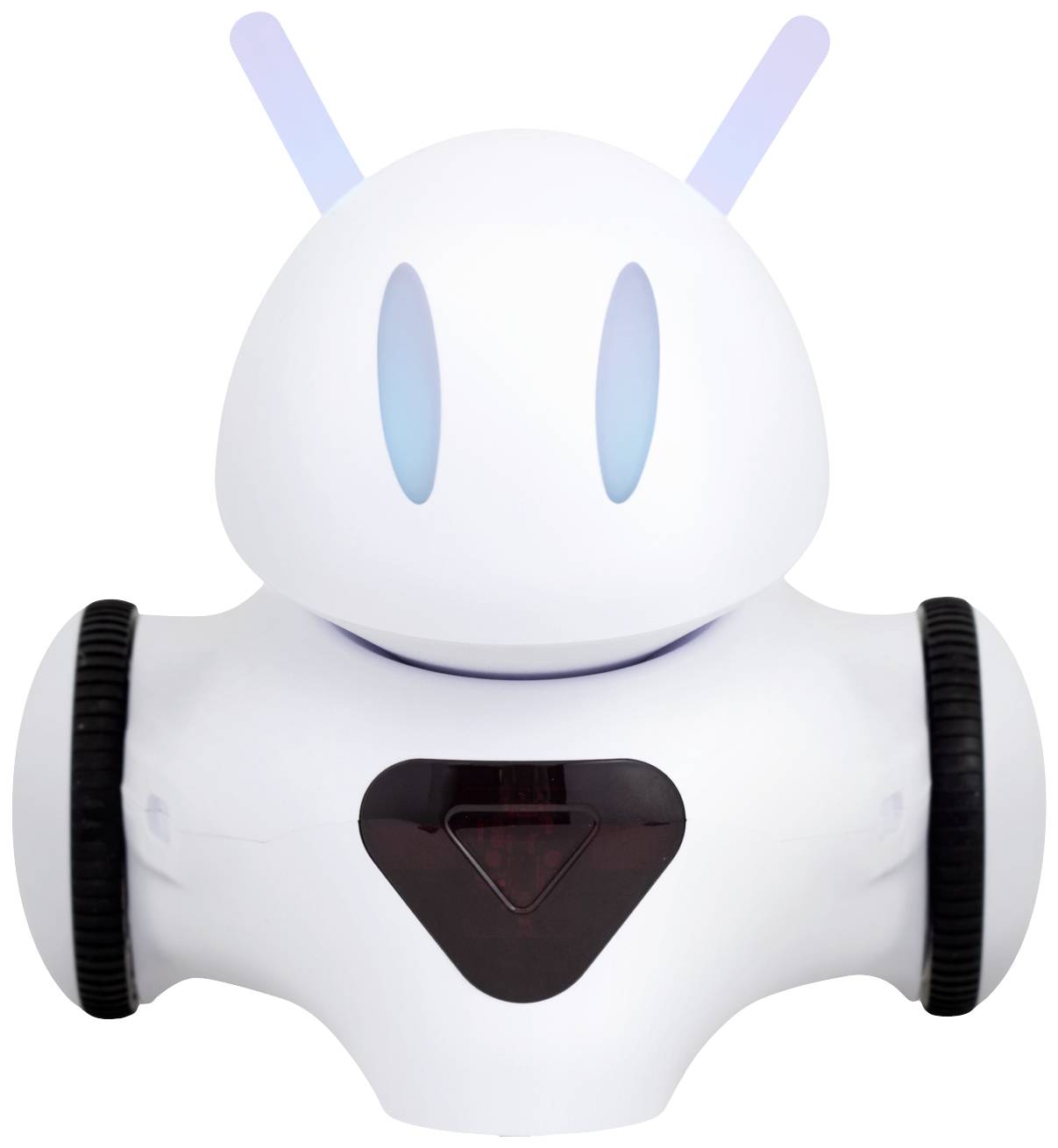 Egy fehér, robotszerű játékrobot ül kerekeken, kék fénylő szemekkel és antennákkal.