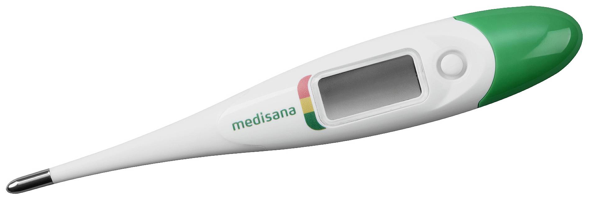 Digitális hőmérő zöld-fehér házzal és kijelzővel, amelyen a 'medisana' felirat látható.