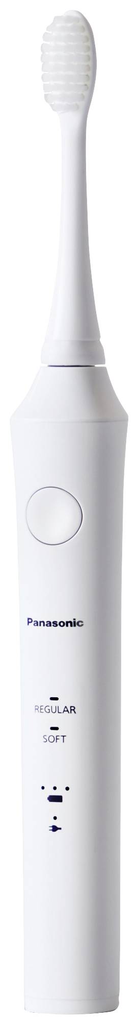 Fehér elektromos fogkefe ovális kefefejjel és karcsú nyéllel, be-/kikapcsoló gombbal és módkijelzővel ellátva.