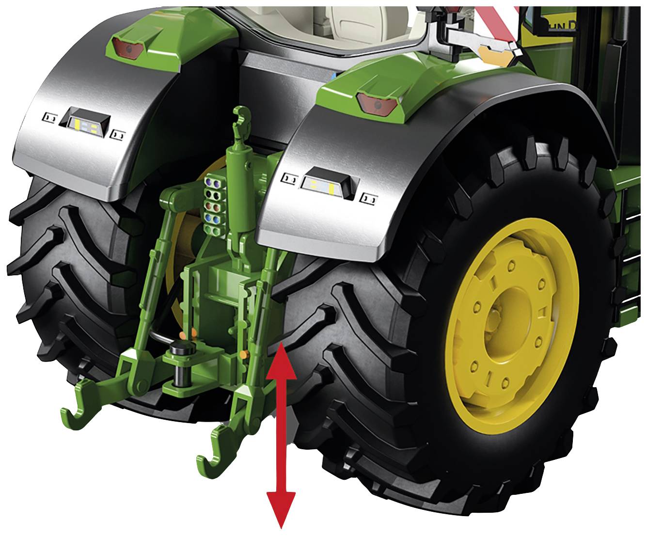 Traktorgumiabroncs egy piros nyíllal, amely a gumiabroncs és a talaj közötti távolságra mutat, a magasságállítás szimbóluma.
