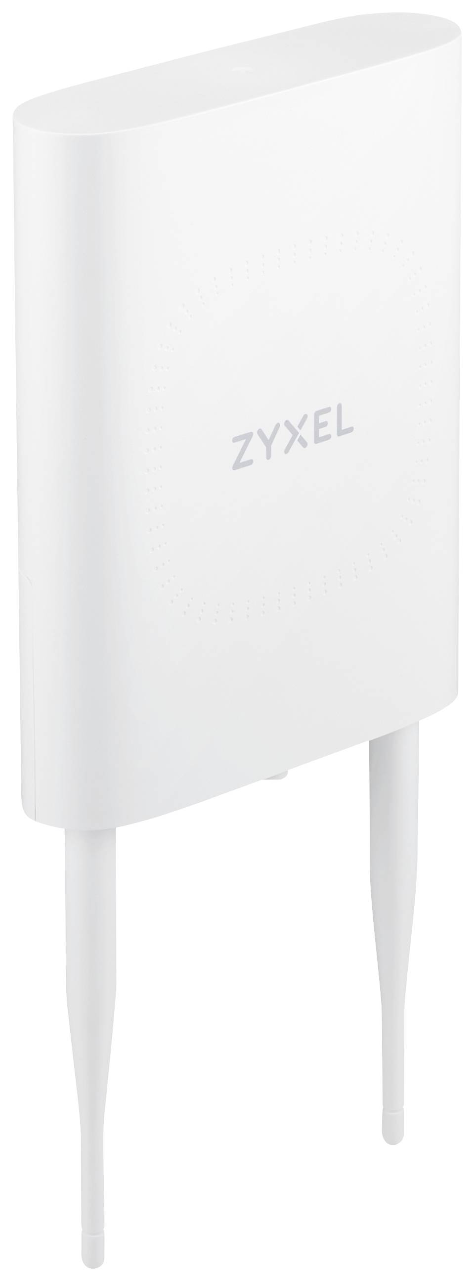 Fehér, ovális Zyxel WLAN-antenna két lefelé irányuló antennával, külső térben történő használatra alkalmas.