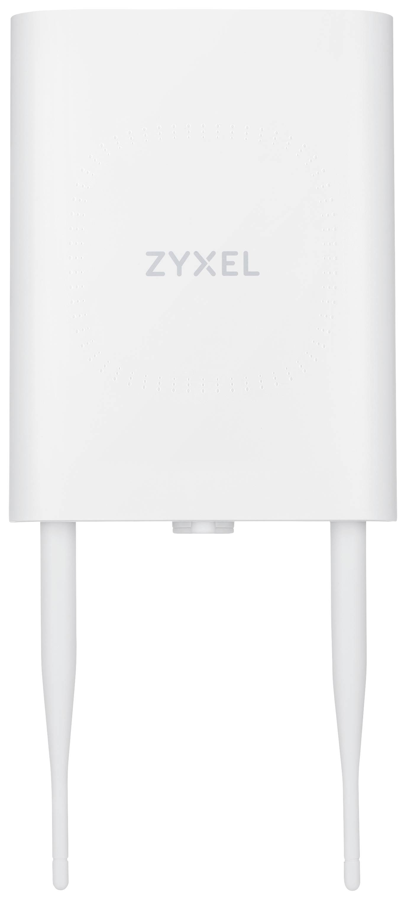 Egy fehér Zyxel márkájú WLAN-hozzáférési pont, téglalap alakú, két hosszú, lefelé irányuló antennával.