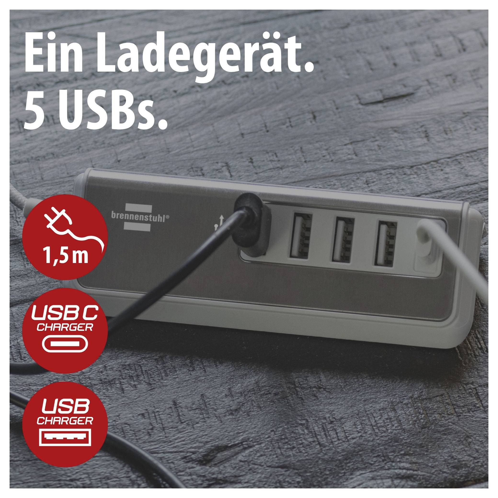 Egy Brennenstuhl USB-töltőadapter reklámképe öt USB-porttal és 1,5 m hosszú kábellel; szöveg: "Egy töltő. 5 USB."