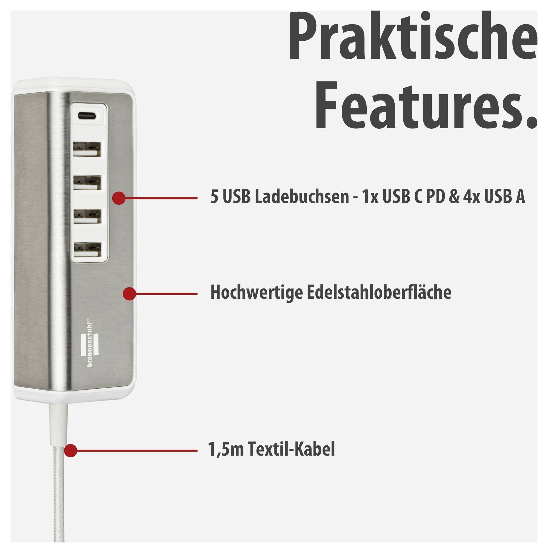 Egy csatlakozódugó-USB-elosztó reklámgrafikája öt töltőkonnektorral: 1x USB-C PD és 4x USB-A, rozsdamentes acél felület, 1,5 m-es textil kábel.