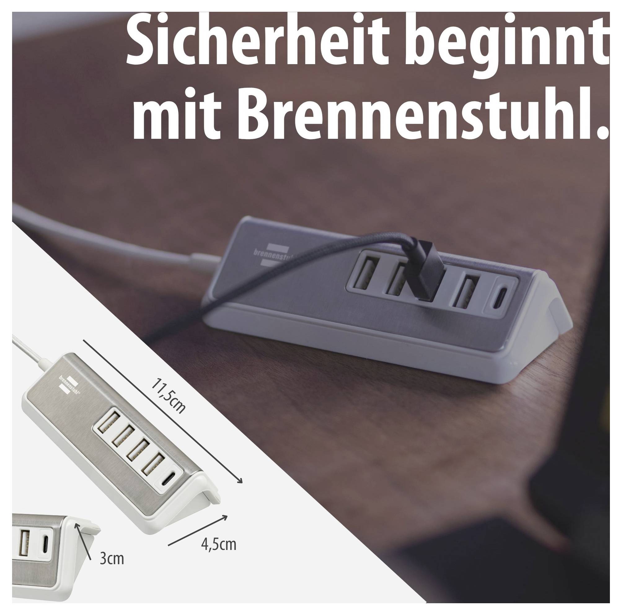 Egy szürke Brennenstuhl-többszörös töltő reklámképe egy asztalon; szöveg: „A biztonság a Brennenstuhlnál kezdődik."