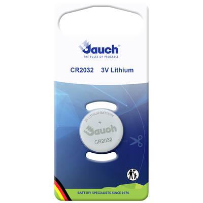 CR2032 3V lítium elem Jauch gyártótól, egyedi csomagolásban. Alul a felirat: 'ELEMSZAKÉRTŐK 1976 ÓTA'.