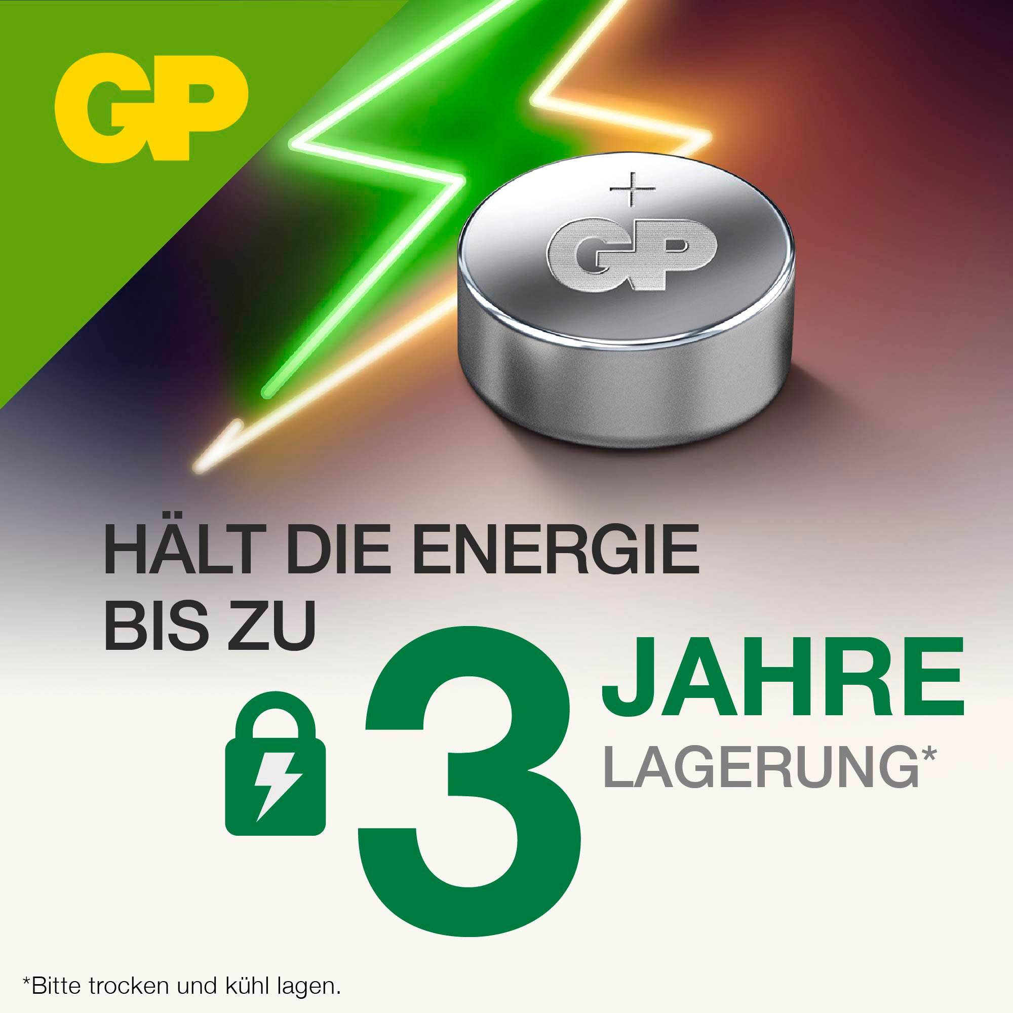 Egy gombelem a következő szöveggel: 'Akár 3 évig megőrzi az energiát tárolás közben'. Megjegyzés: Tárold szárazon és hűvös helyen.