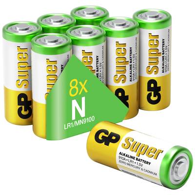 8 db GP Super Alkáli LR1/MN9100 elem; 1,5 V; zöld-arany burkolattal; alacsony és közepes energiaigényű készülékekhez.