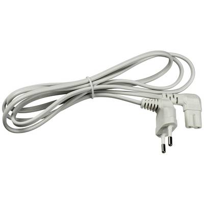 Fehér hálózati kábel Schuko-csatlakozóval, kábelkötegelővel összetekercselve, elektronikai készülékekhez alkalmas.
