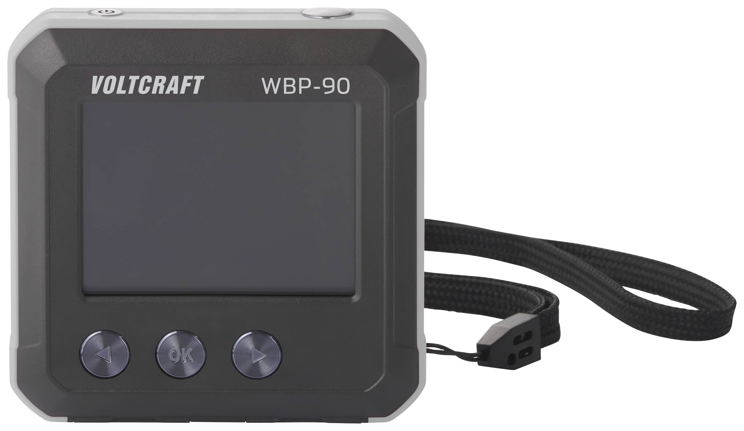 Elektronikus eszköz 'Voltcraft WBP-90' felirattal, négyzet alakú, három gombbal és egy csatlakozókábellel a jobb oldalán.