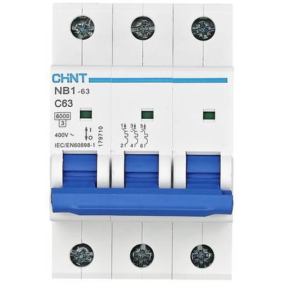 Egy fehér-kék védőautomata három billenőkapcsolóval túláramvédelemhez. Feliratozva: 'CHNT', 'NB1-63', 'C63', '400V'.