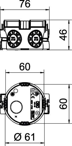 Műszaki rajz egy elektromos alkatrészről méretekkel: szélesség 76 mm, magasság 46 mm, átmérő 61 mm. Csatlakozási szimbólumokat tartalmaz.