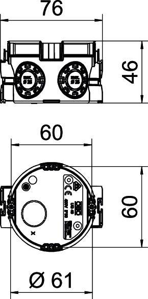 Műszaki rajz egy elektromos alkatrészről méretekkel: szélesség 76 mm, magasság 46 mm, átmérő 61 mm, mélység 60 mm.