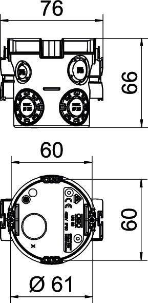 Elektronikus eszköz műszaki rajza méretekkel: 76 mm szélesség, 96 mm magasság, 61 mm átmérő. Két nézetű részletes ábrázolás.