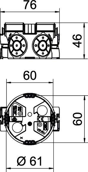Műszaki rajz egy elektromos alkatrészről méretekkel: 76 x 46 mm felül, 61 x 60 mm alul, csatlakozókat és rögzítési pontokat mutat.