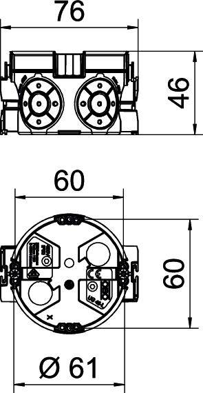 Elektromos alkatrész műszaki rajza méretekkel: 76x46 mm felül, 60x60 mm alul, 61 mm átmérő.