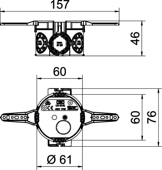 Műszaki rajz egy kerek faldobozról méretekkel: szélesség 157 mm, magasság 46 mm, átmérő 61 mm. Felső és oldalnézet.