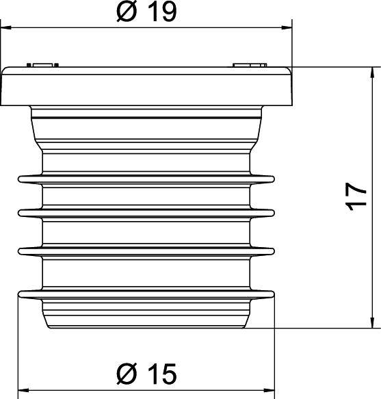 Műszaki rajz egy hengeres objektumról a következő méretekkel: 19 mm átmérő felül, 15 mm alul, és 17 mm magasság.
