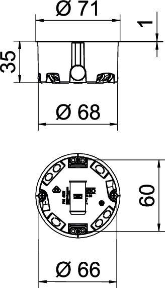 Műszaki rajz egy kerek alkatrészről méretekkel: átmérő 71, magasság 35, belső átmérő 68. Oldalnézet és felülnézet.