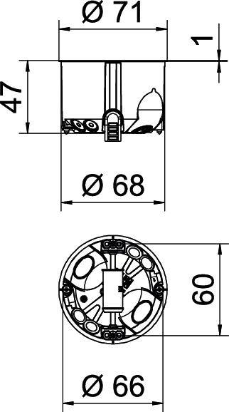 Műszaki rajz egy kerek dobozról méretekkel: átmérő 68 mm, mélység 47 mm, teljes átmérő 71 mm. Bemutatja a belső szerkezet részleteit.