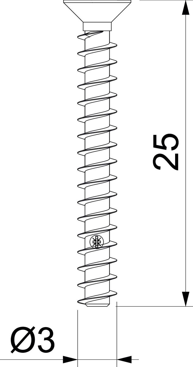 'Egy csavar illusztrációja a következő méretekkel: hosszúság 25 mm, átmérő 3 mm.'