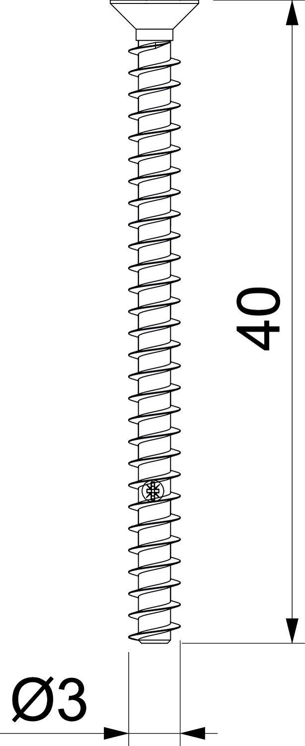 40 mm hosszúságú és 3 mm átmérőjű csavar rajza.