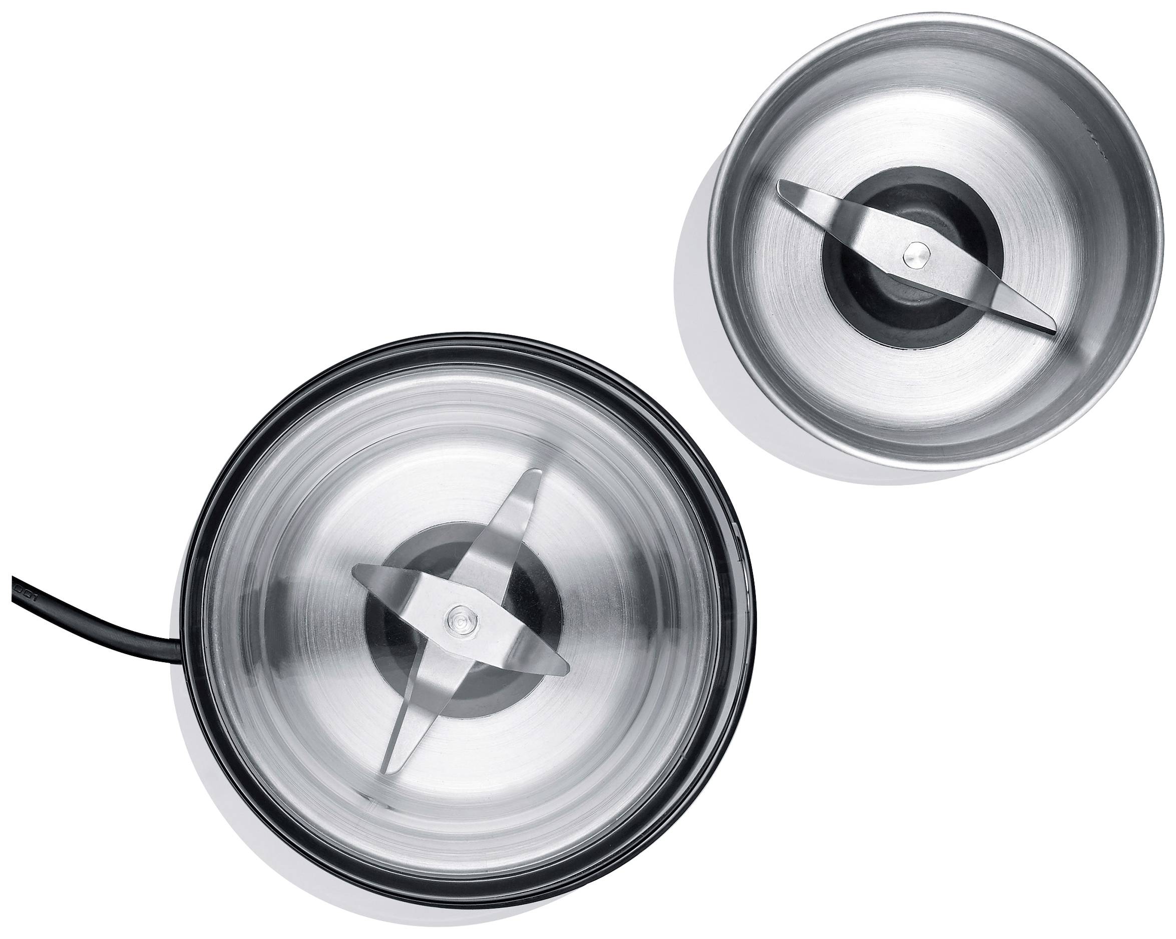 Egy keverőgép két rozsdamentes acél vágófeltéte, baloldalt egy csatlakoztatott kábellel rendelkező, jobboldalt egy kábel nélküli darab.