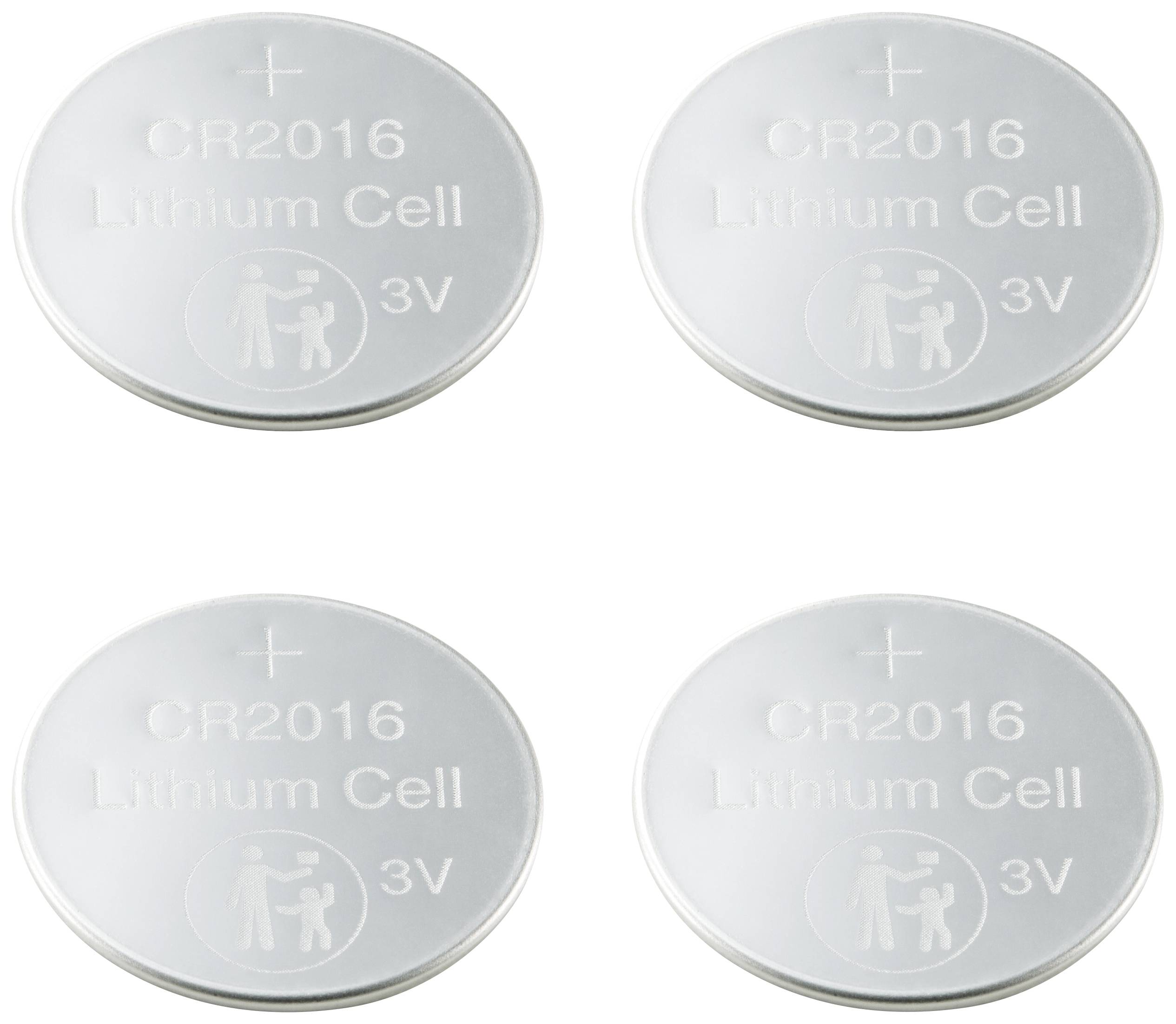 Négy kerek, ezüstszínű gombelem lithium akkumulátor, amelyen a 'CR2016 Lithium Cell 3V' felirat szerepel.