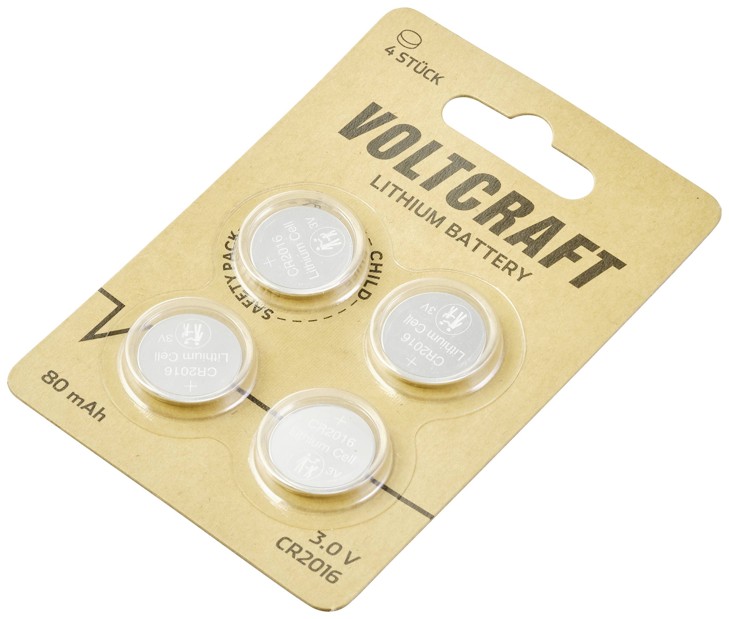 Négy darab Voltcraft típusú gombelem egy csomagoláson. Részletek, mint 'Lítium elem', '3,0 V', 'CR2016', '80 mAh'.