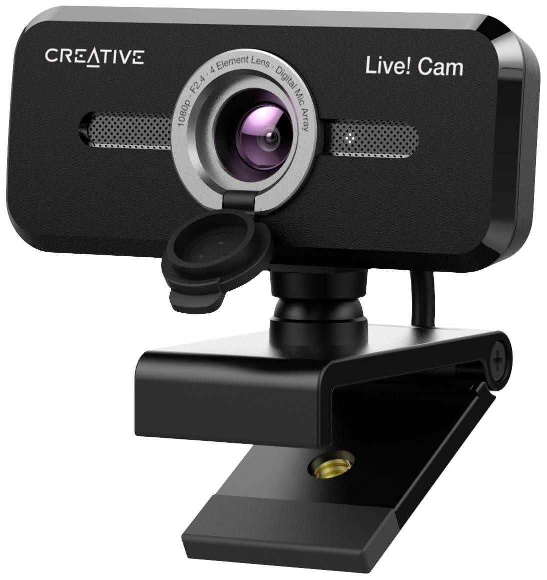 Fekete webkamera rögzítőcsipesszel és objektívvédővel. A tetején 'Live! Cam' és 'CREATIVE' felirat látható.